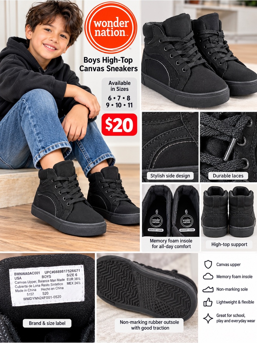 wonder nation Black High-Top Canvas Sneakers for Kids
